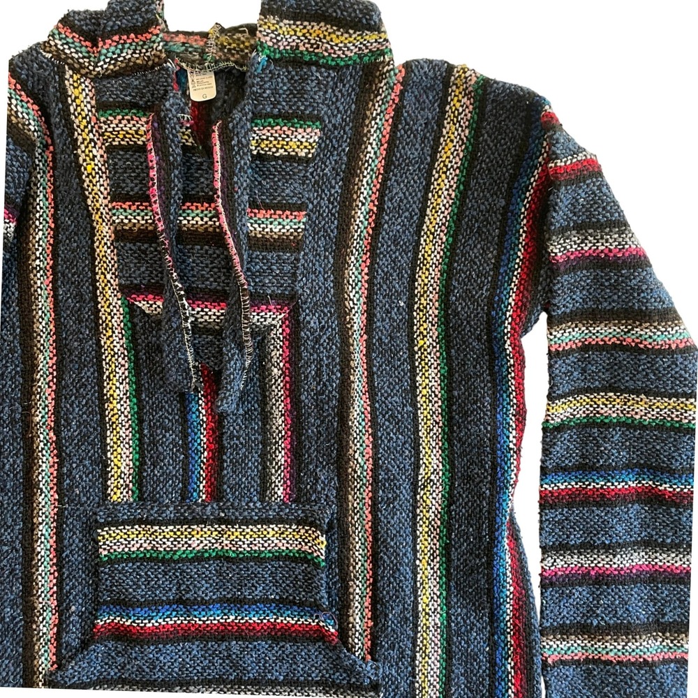 Striped Baja Hoodie‎ Pullover Blue Multi Colors Mexican Jerga Surf Poncho, L